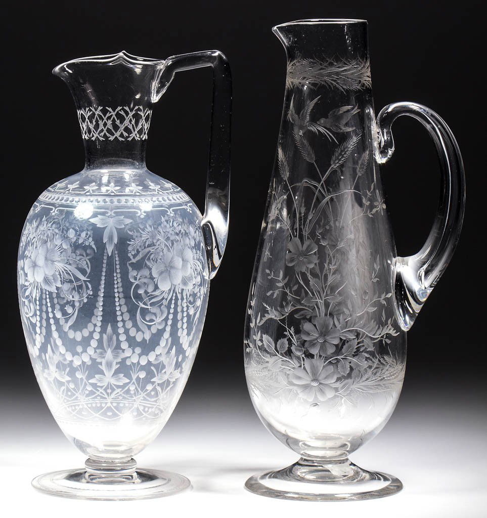 BLOWN AND FINELY ENGRAVED FOOTED EWERS, LOT OF TWO (1 of 1)