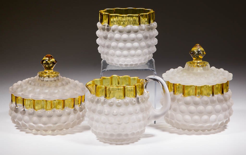 HOBBS NO. 323 / DEW DROP / HOBBS HOBNAIL FOUR-PIECE: HOBBS NO. 323 / DEW DROP / HOBBS HOBNAIL FOUR-PIECE TABLE SET, colorless, Frances decoration with satin finish, comprising a coverd butter dish, covered sugar bowl, creamer with applied handle, and sp
