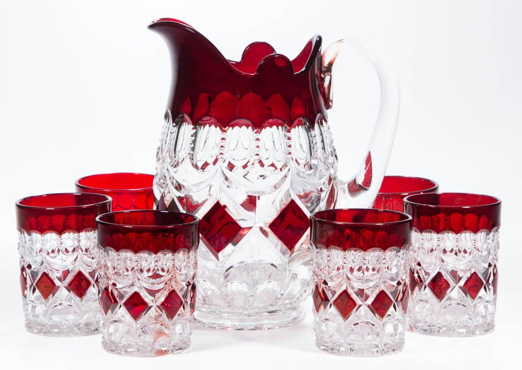 LOOP AND BLOCK - RUBY-STAINED SEVEN-PIECE WATER SET (1 of 1)