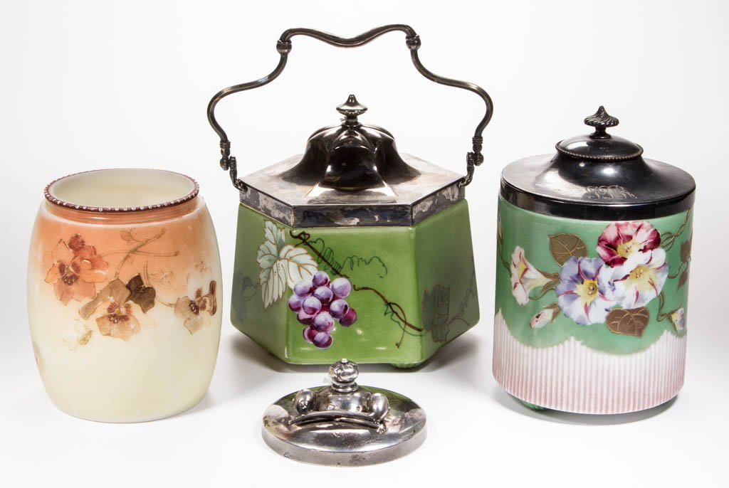 ASSORTED OPAQUE GLASS CRACKER / TOBACCO JARS, LOT OF (1 of 1)