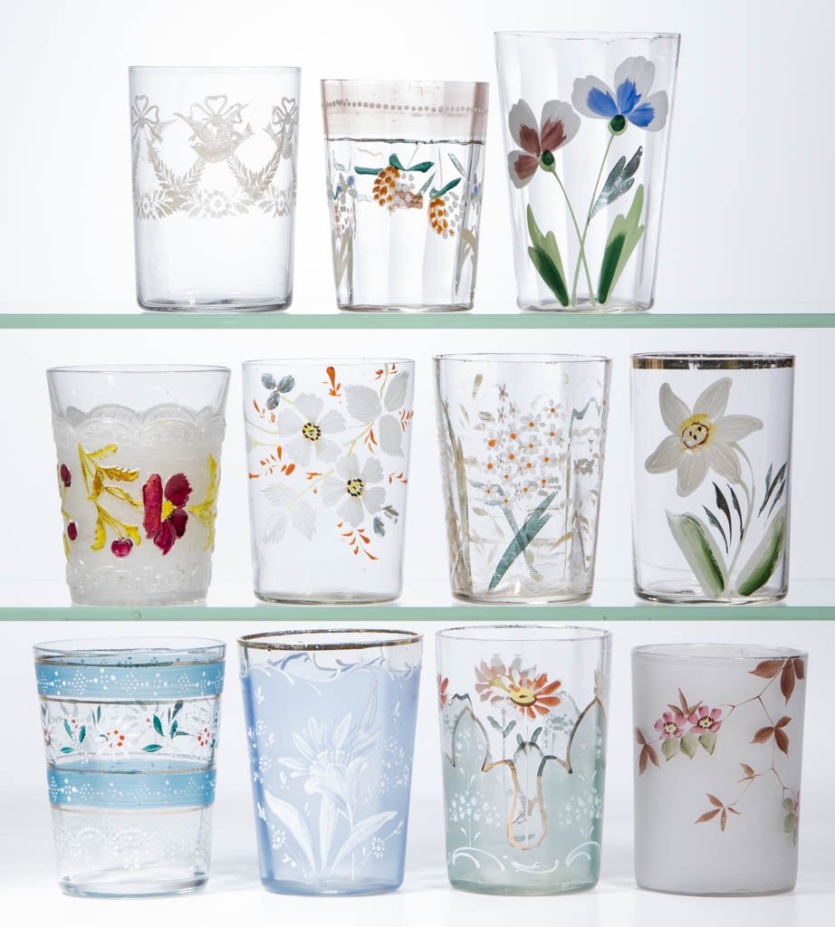 ASSORTED PAINT DECORATED GLASS TUMBLERS, LOT OF TEN (1 of 1)
