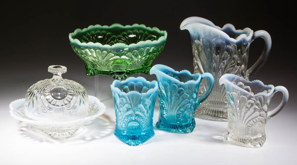 TOKYO / JEFFERSON NO. 212 (OMN) TABLE ARTICLES, LOT OF: TOKYO / JEFFERSON NO. 212 (OMN) TABLE ARTICLES, LOT OF SIX, colorless, blue, and green opalescent, comprising a water pitcher, two creamers, spooner, covered butter dish, and a master berry bowl. Jeff