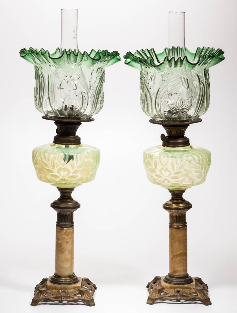 VICTORIAN OPALESCENT PAIR OF KEROSENE BANQUET LAMPS (1 of 1)
