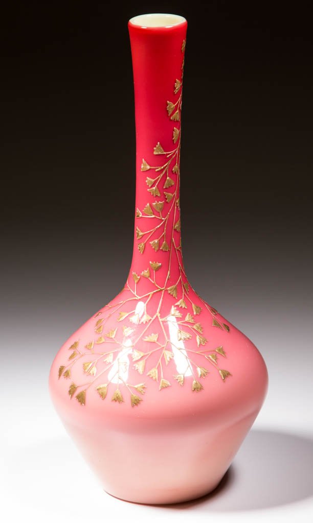 WEBB PEACHBLOW VASE: WEBB PEACHBLOW VASE, gold-enamel decoration, gourd-form, polished pontil mark. Thomas Webb & Sons. Fourth quarter 19th century. 10 3/4" H.Provenance: From a North Carolina private collection.