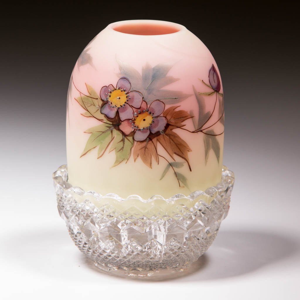 WEBB DECORATED BURMESE FAIRY LAMP: WEBB DECORATED BURMESE FAIRY LAMP, plush finish, pyramid-size dome with polychrome Hawthorn decoration, fitted on a colorless lamp cup with S. Clarke's patent. Thomas Webb & Sons. Fourth quarter 19th