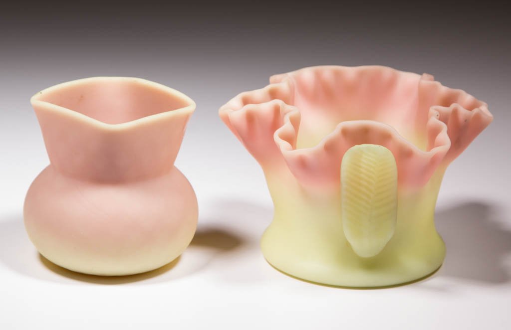 ASSORTED BURMESE ARTICLES, LOT OF TWO: ASSORTED BURMESE ARTICLES, LOT OF TWO, plush finish, comprising a Thomas Webb fairy lamp base with applied feather handle and ruffled rim and a Mt. Washington cabinet vase/toothpick holder with a poli