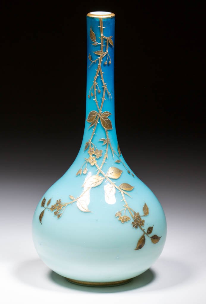 THOMAS WEBB-TYPE ART GLASS VASE: THOMAS WEBB-TYPE ART GLASS VASE, deep blue shaded to pale blue with gold-enamel decoration, red propeller signature. Probably English or Bohemian. Early 20th century. 9" H.