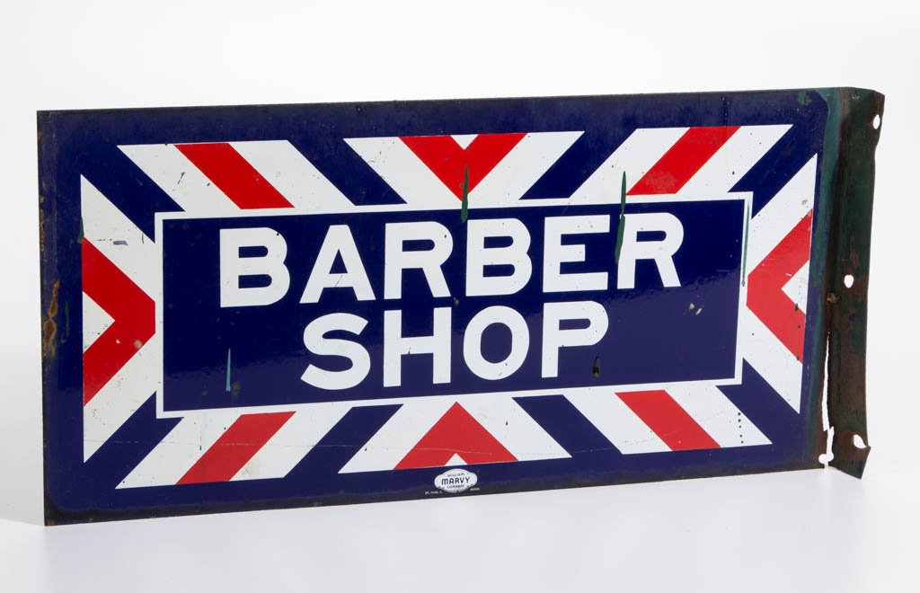 PORCELAIN BARBERSHOP DOUBLE-SIDED FLANGE ADVERTISING (1 of 2)