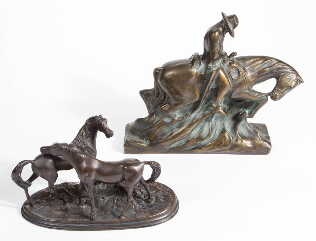 D. S. BARDOS & CO. "COWBOY AGAINST THE WIND": D. S. BARDOS & CO. "COWBOY AGAINST THE WIND" BRONZE-CLAD SCULPTURE, stylized depiction of horse and rider in a driving rain storm, signed "D. S. Bardos & Co." to base. Together with an equestrian exam