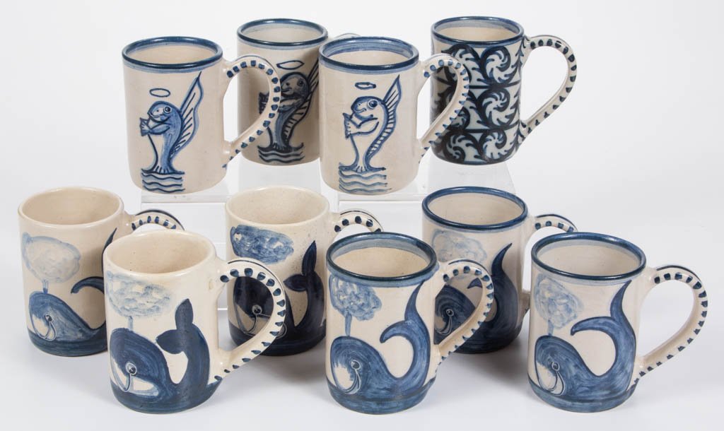 DORCHESTER POTTERY MUGS, LOT OF SIX: DORCHESTER POTTERY MUGS, LOT OF SIX, blue and white, comprising six whale pattern examples, three codfish examples, and a scroll bands example, each with circular Dorchester Potter mark and signed "C.