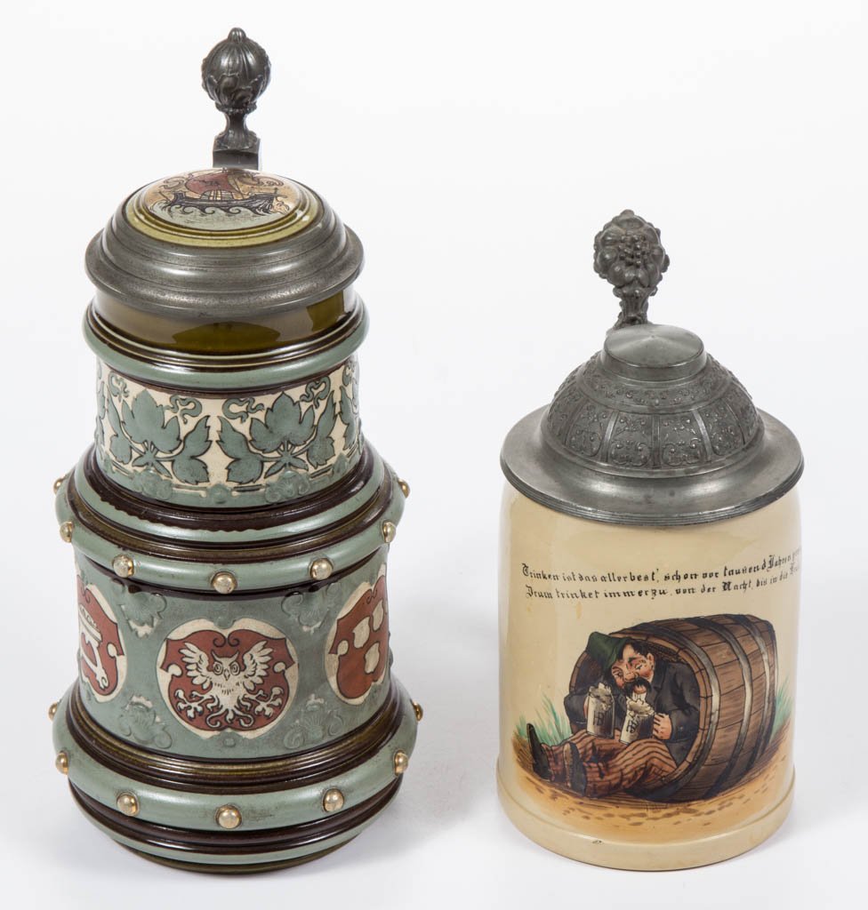 ASSORTED METTLACH GERMAN POTTERY BEER STEINS, LOT OF (1 of 2)