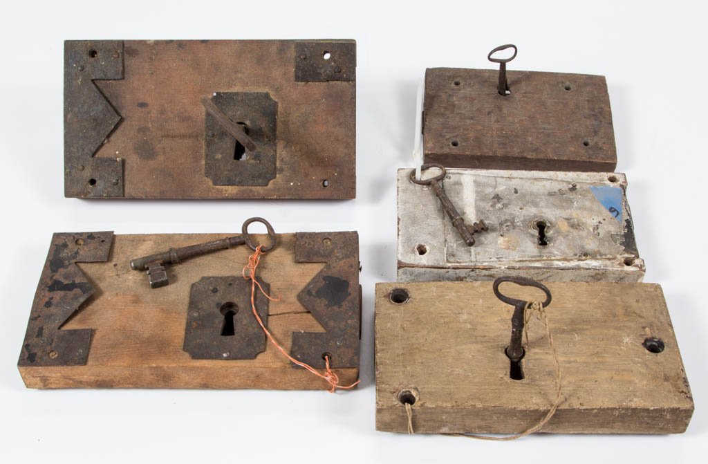 WOOD AND IRON BOX LOCKS, LOT OF FIVE (1 of 1)