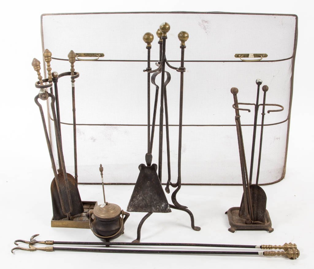 ASSORTED IRON AND BRASS FIREPLACE EQUIPMENT, 16 TOTAL (1 of 1)