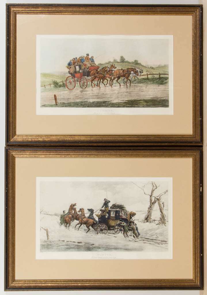 PAIR OF BRITISH COACHING / TRAVEL PRINTS: PAIR OF BRITISH COACHING / TRAVEL PRINTS, after originals by Henry Thomas Alken (British, 1785-1851), one titled "Summer / Heavy going under a full coach", and the other titled "Winter / Two miles beh