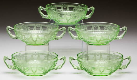 CAMEO DEPRESSION GLASS CREAM SOUP BOWLS, LOT OF FIVE: CAMEO DEPRESSION GLASS CREAM SOUP BOWLS, LOT OF FIVE, green. Hocking Glass Co. 1930-1934. 2" H, 5" D bowl.Provenance: From the Collection of Harold Humphrey of Mt. Crawford, VA.