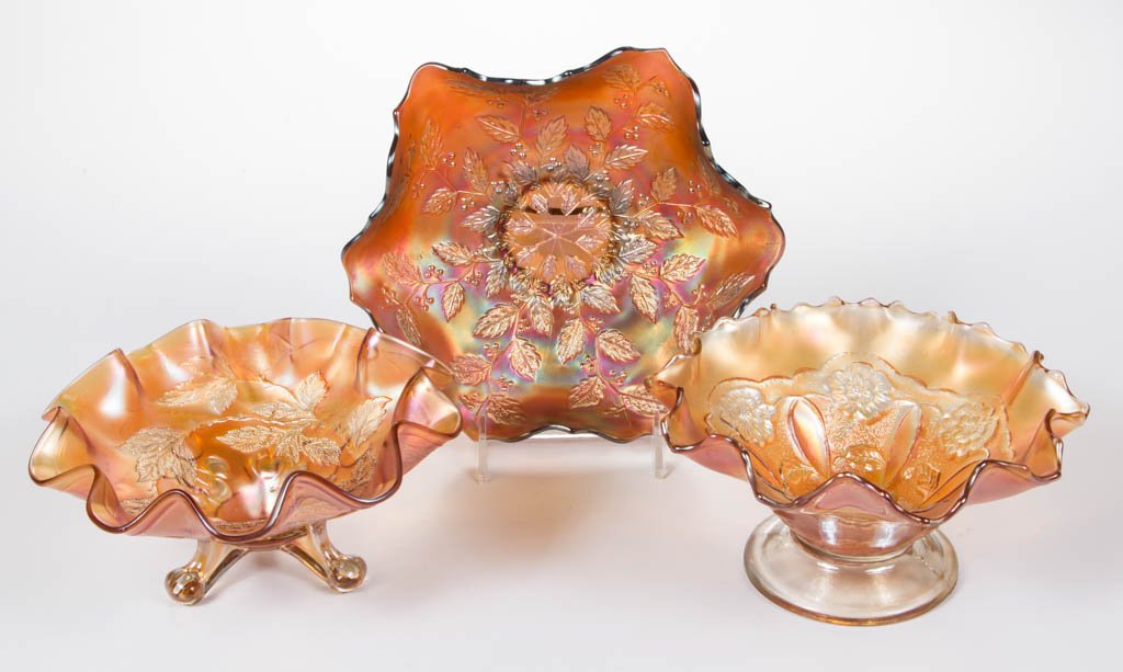 ASSORTED CARNIVAL GLASS DISHES, LOT OF THREE (1 of 1)