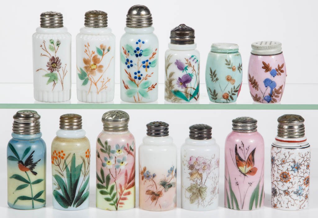 ASSORTED CYLINDRICAL DECORATED SALT / PEPPER SHAKERS, (1 of 1)