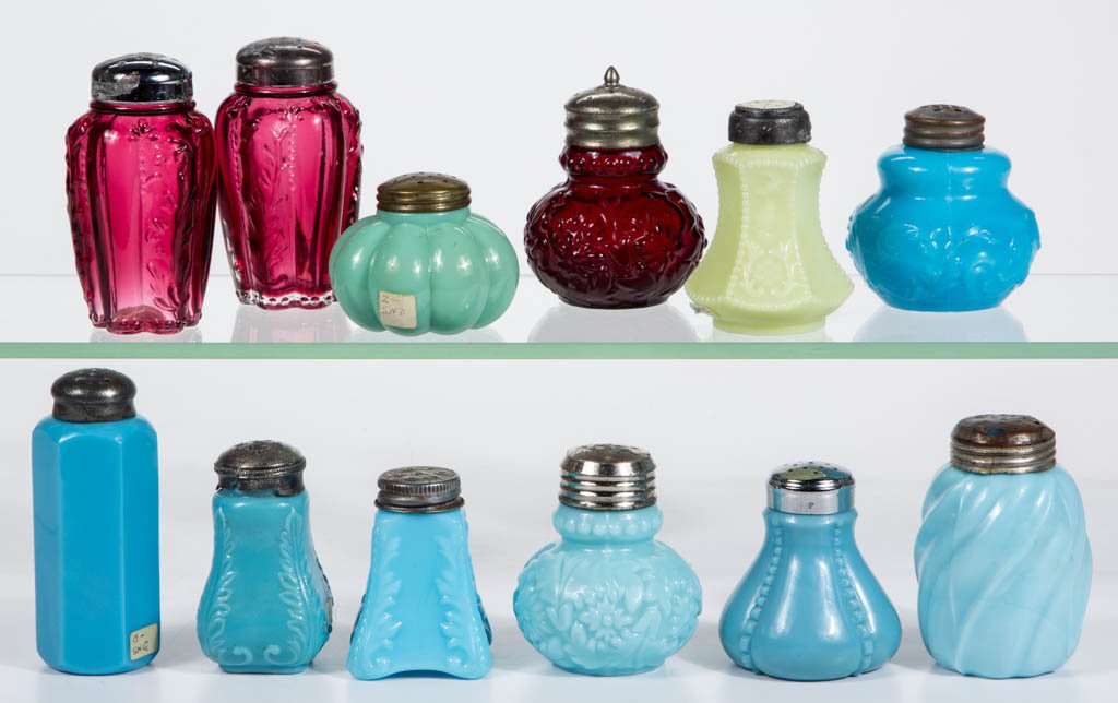 ASSORTED COLORED GLASS SALT / PEPPER SHAKERS, LOT OF 12 (1 of 1)
