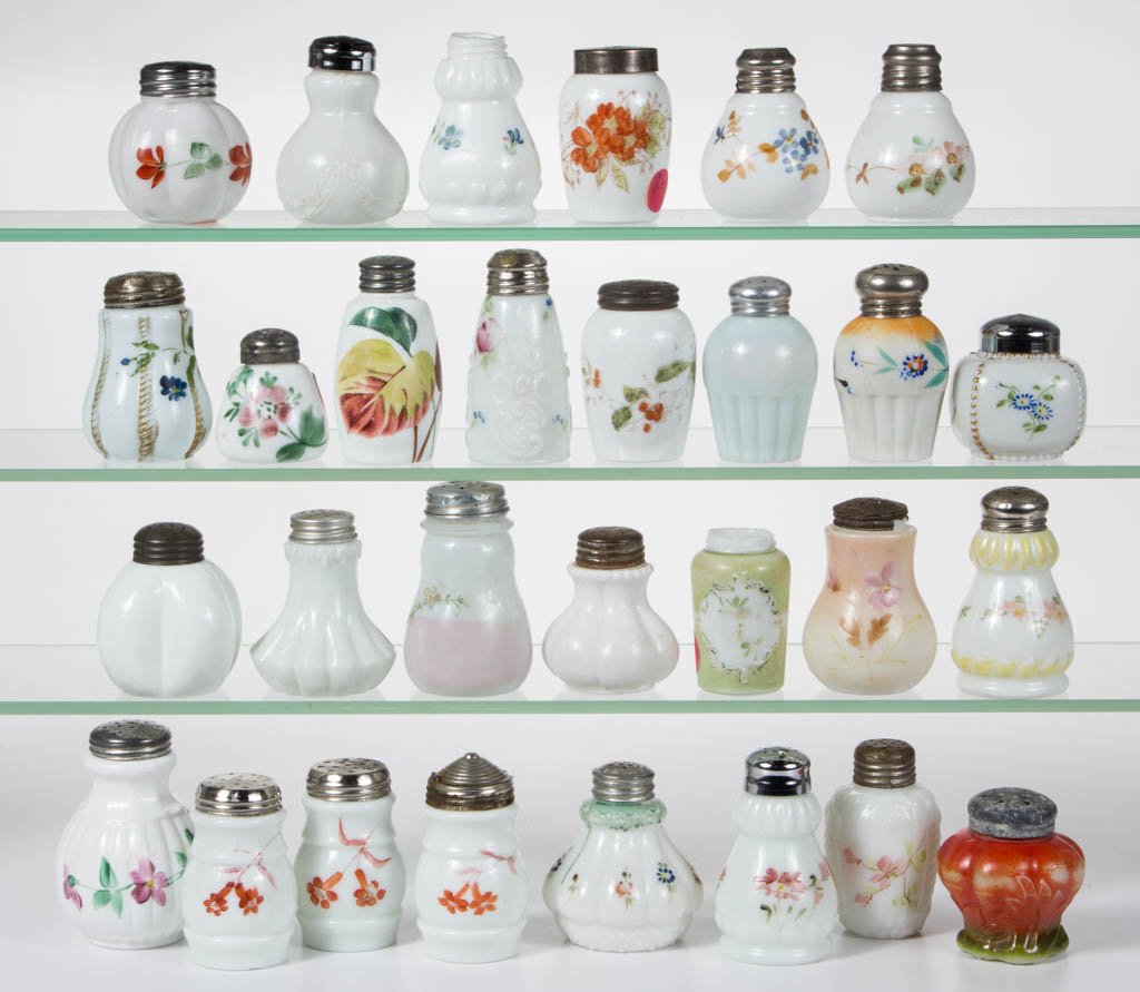 ASSORTED DECORATED GLASS SALT / PEPPER SHAKERS, LOT OF (1 of 1)