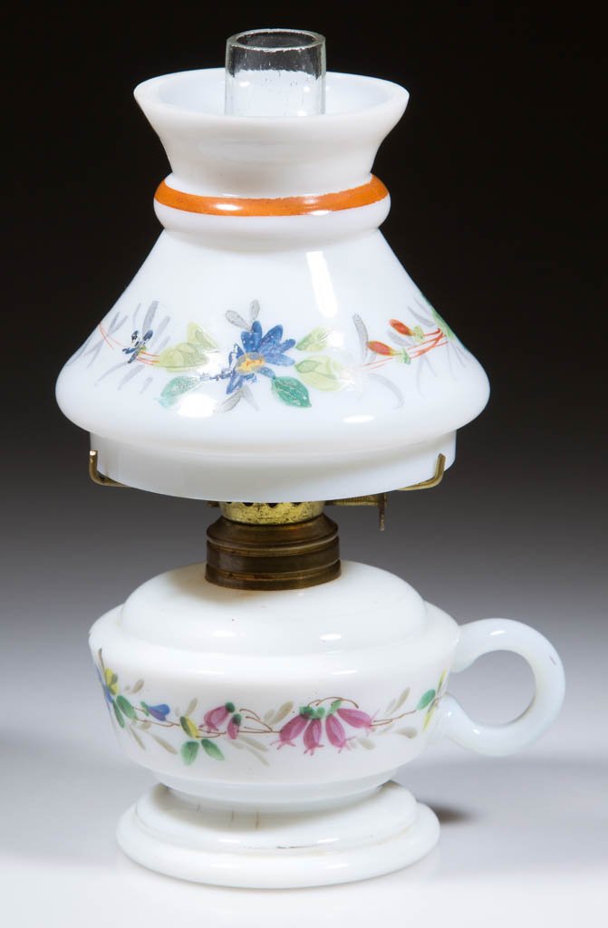 VICTORIAN DECORATED OPAL GLASS MINIATURE FINGER LAMP (1 of 1)