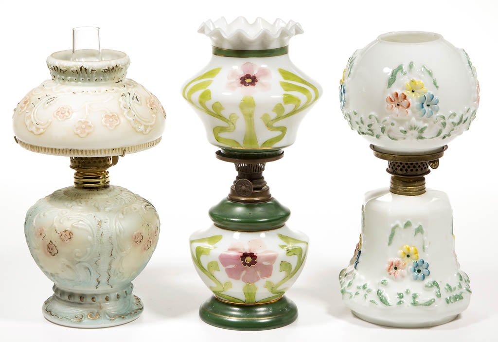 ASSORTED PATTERN OPAQUE GLASS MINIATURE LAMPS, LOT OF (1 of 1)