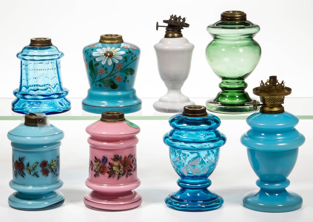 ASSORTED PATTERN MINIATURE LAMP BASES, LOT OF EIGHT (1 of 1)