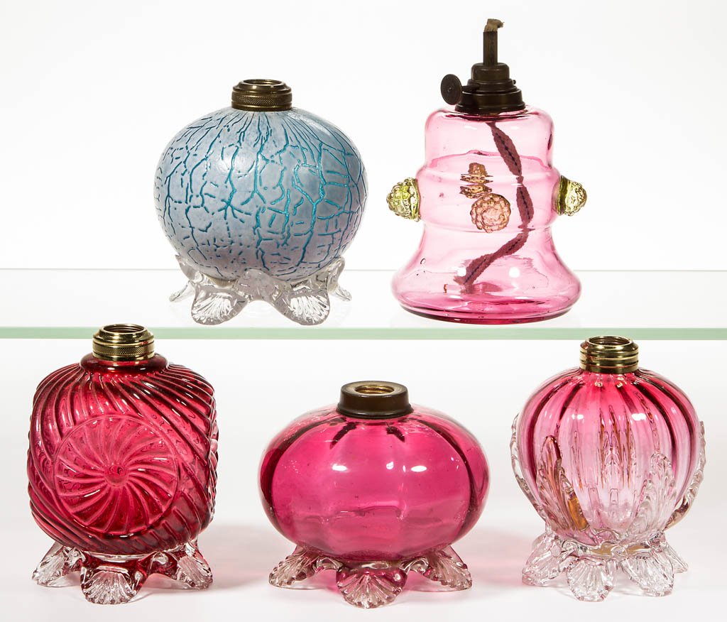 ASSORTED PATTERN ART GLASS MINIATURE LAMP BASES, LOT OF (1 of 1)