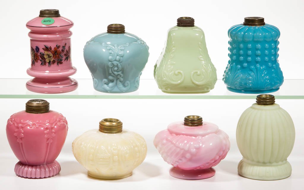 ASSORTED PATTERN OPAQUE GLASS MINIATURE LAMP BASES, LOT (1 of 1)