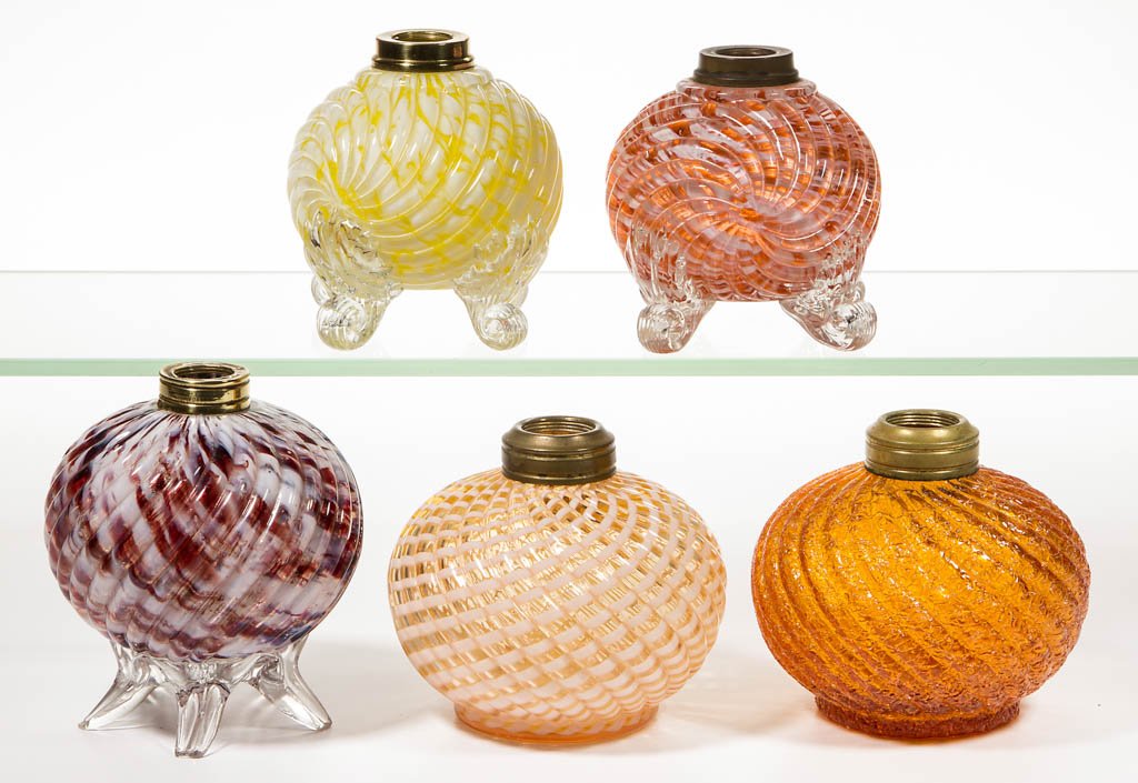 ASSORTED SWIRLED RIBBED ART GLASS MINIATURE LAMP BASES, (1 of 1)