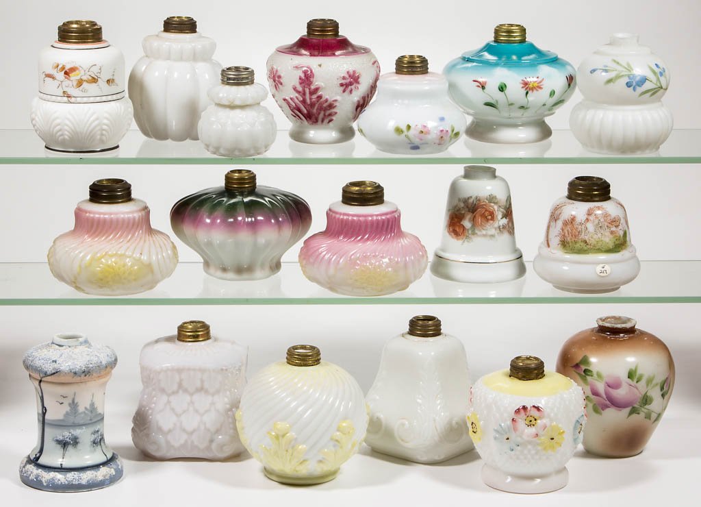 ASSORTED PATTERN OPAQUE GLASS MINIATURE LAMP BASES, LOT (1 of 1)