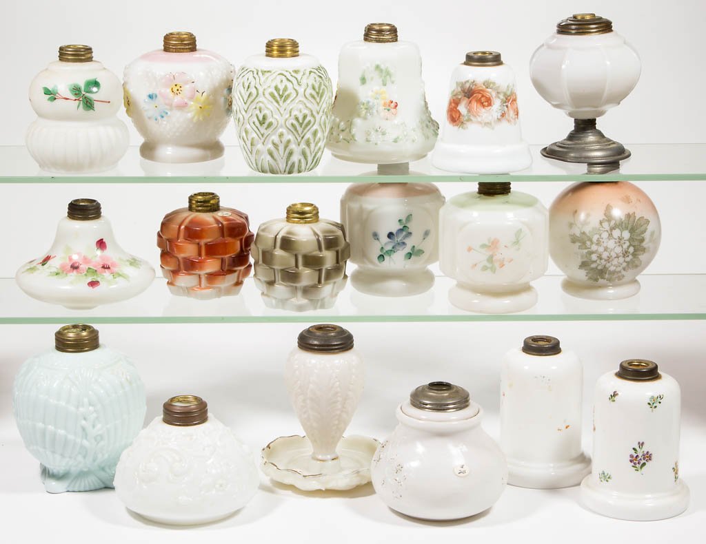 ASSORTED PATTERN OPAQUE GLASS MINIATURE LAMP BASES, LOT (1 of 1)