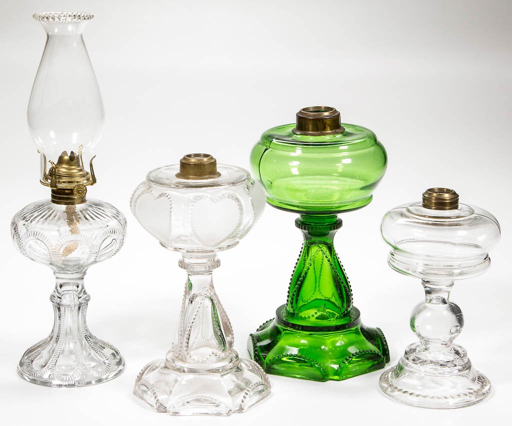 ASSORTED PATTERN KEROSENE STAND LAMPS, LOT OF FOUR (1 of 1)