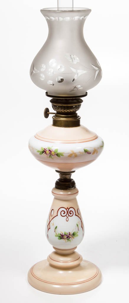 EUROPEAN DECORATED OPAL / BRISTOL KEROSENE STAND LAMP (1 of 1)