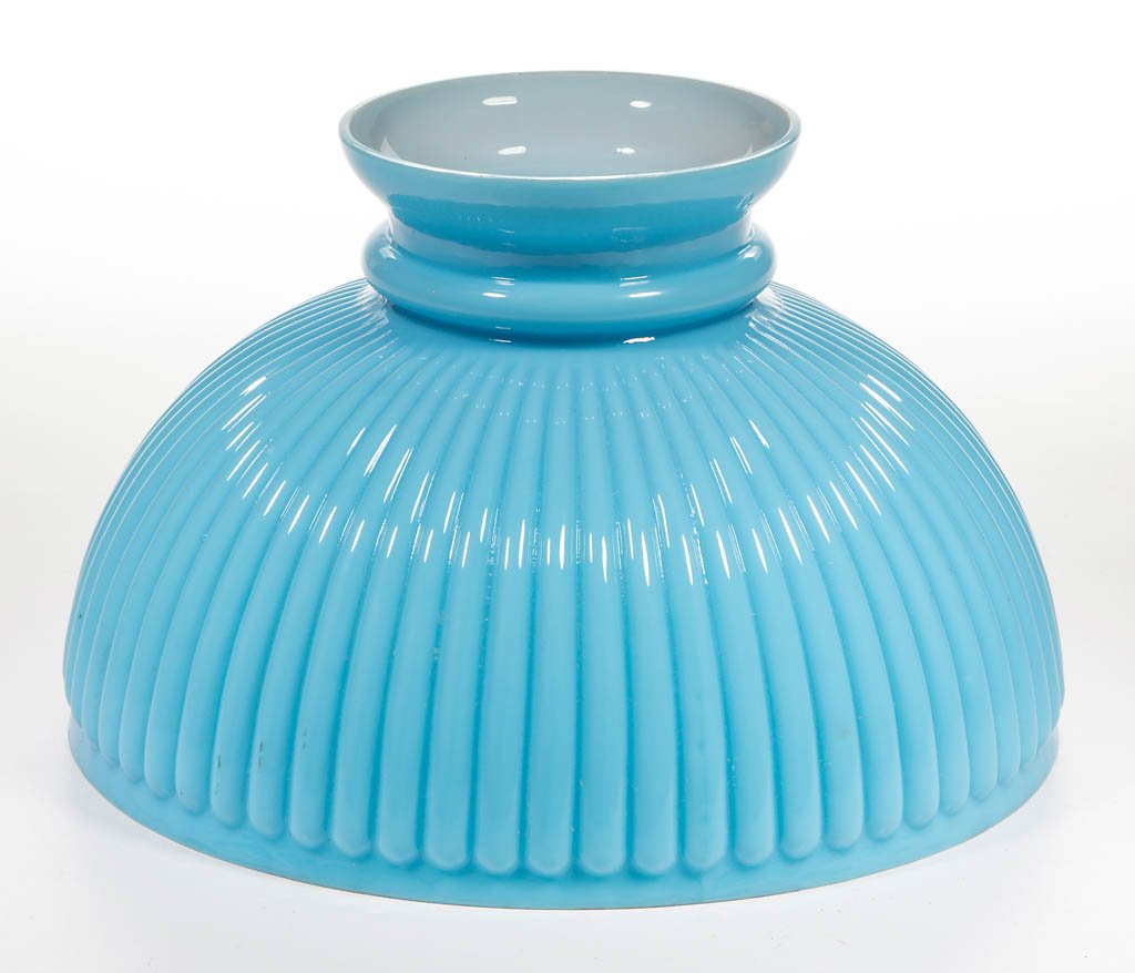 NARROW STRAIGHT RIBBED SHADE: NARROW STRAIGHT RIBBED SHADE, cased blue, umbrella form, signed "PANTIN." Late 19th/early 20th century. 6 1/8" H, 9 7/8" D fitter.Literature: Parallels Miller/Solverson - Student Lamps of the Victoria