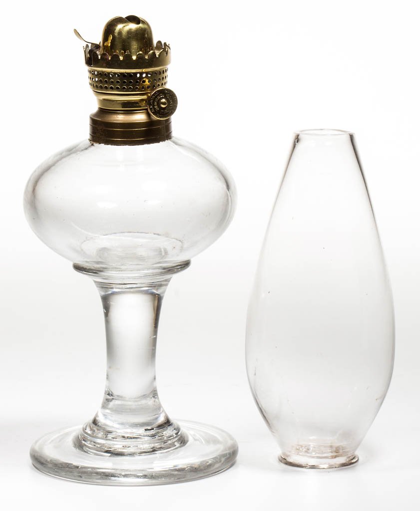 E. F. JONES NO. 0 LIP BURNER AND CHIMNEY SETUP: E. F. JONES NO. 0 LIP BURNER AND CHIMNEY SETUP, thumbwheel marked "E. F. JONES. REISSUE JAN 11. 1859 / PATENT. MAY 4. 1858", with a Merrill's air director, marked "R. S. MERRILL'S PATENT. JUNE 14. 185