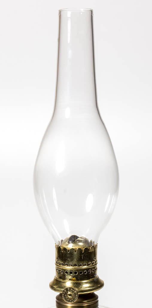 WADE & BURNHAMS VIENNA SLIP BURNER: WADE & BURNHAMS VIENNA SLIP BURNER, thumbwheel marked "WADE & BURNHAMS PATENT APR. 6. 1858.". Non-period colorless slip chimney. Circa 1858. 9 1/2" HOA, 1 1/4" D chimney fitter. Provenance: The collec