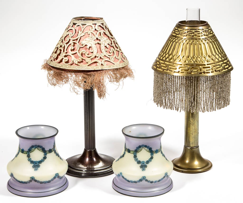 ASSORTED CANDLE-STYLE KEROSENE LAMPS AND SHADES, LOT OF (1 of 1)