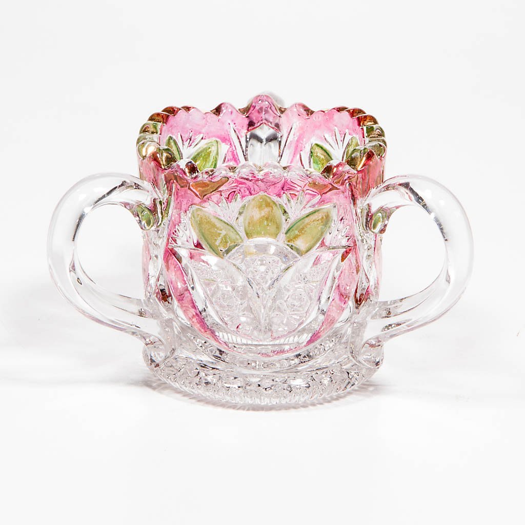 BUCKINGHAM - MAIDEN'S BLUSH-STAINED TOOTHPICK HOLDER: BUCKINGHAM - MAIDEN'S BLUSH-STAINED TOOTHPICK HOLDER, colorless, with green staining. U. S. Glass Co. Circa 1907. 2 1/4" H.Literature: Bredehoft, et al - Glass Toothpick Holders, p. 189, second from t