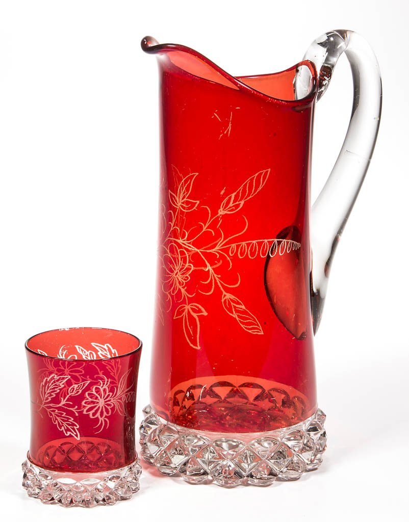 PAVONIA - RUBY-STAINED WATER PITCHER AND TUMBLER (1 of 1)