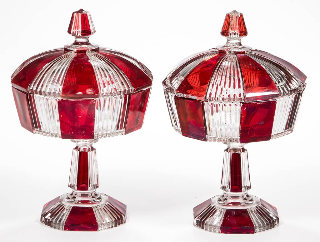 PLEATING - RUBY-STAINED COVERED COMPOTES, PAIR (1 of 1)