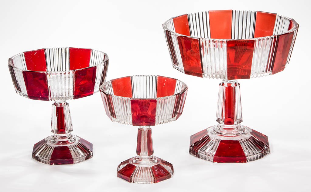 PLEATING - RUBY-STAINED OPEN COMPOTES, LOT OF THREE (1 of 1)