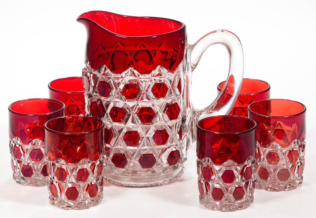 RED BLOCK - RUBY-STAINED SEVEN-PIECE WATER SET (1 of 1)
