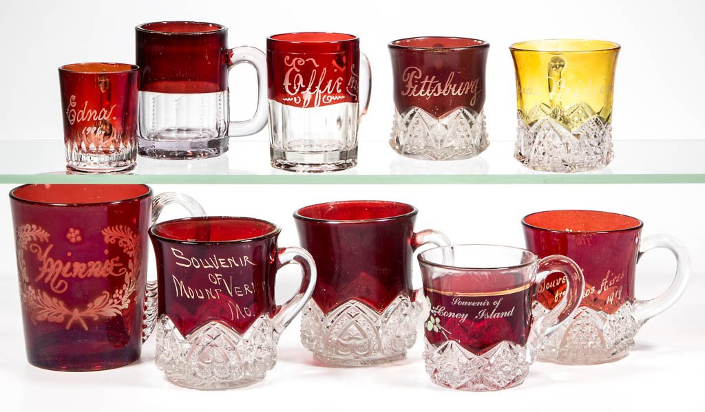 ASSORTED EAPG - STAINED SOUVENIR MUGS, LOT OF TEN (1 of 1)