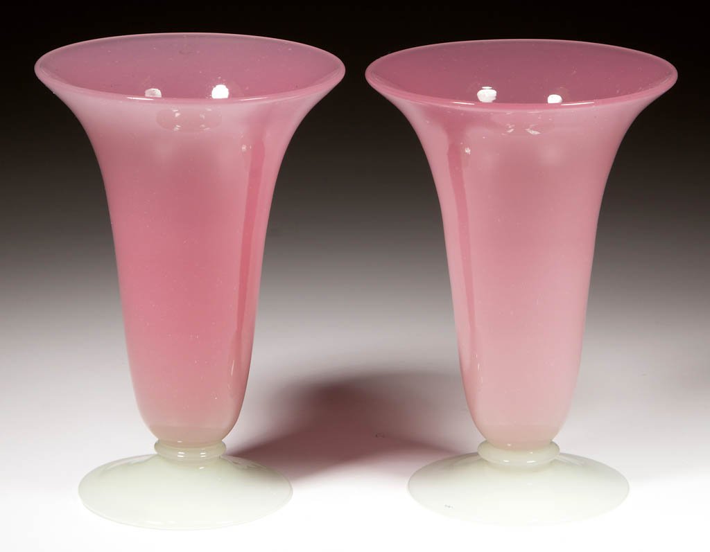 STEUBEN ROSALINE PAIR OF TRUMPET VASES (1 of 1)