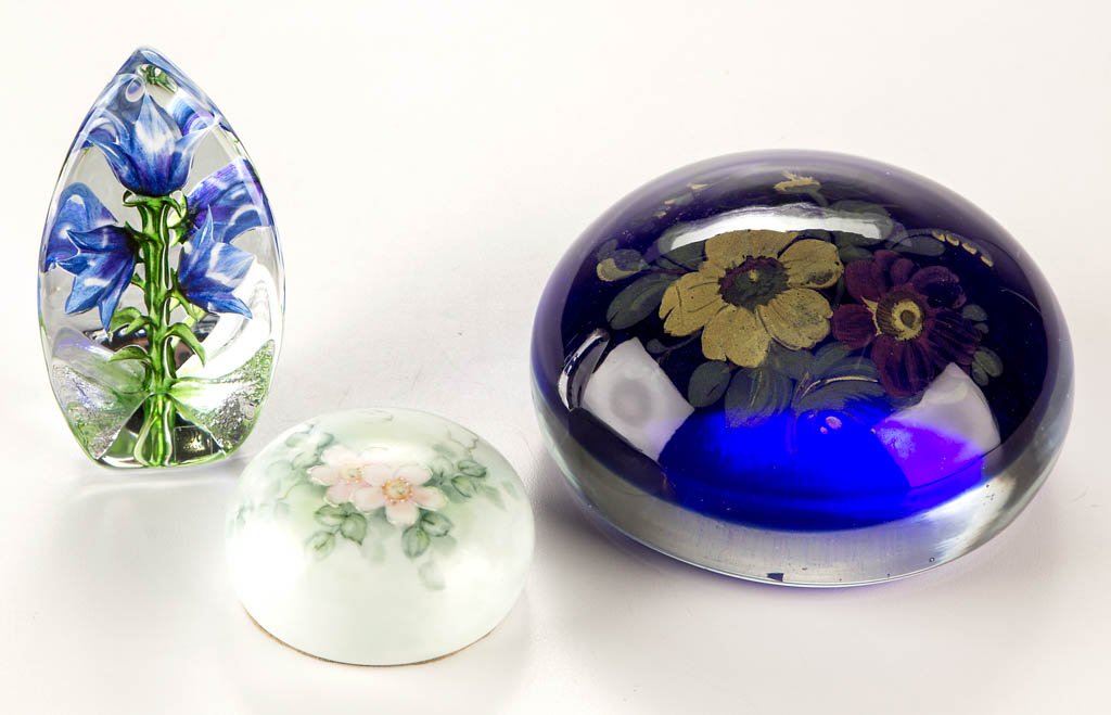 ASSORTED FLORAL DECORATED PAPERWEIGHTS, LOT OF THREE (1 of 1)