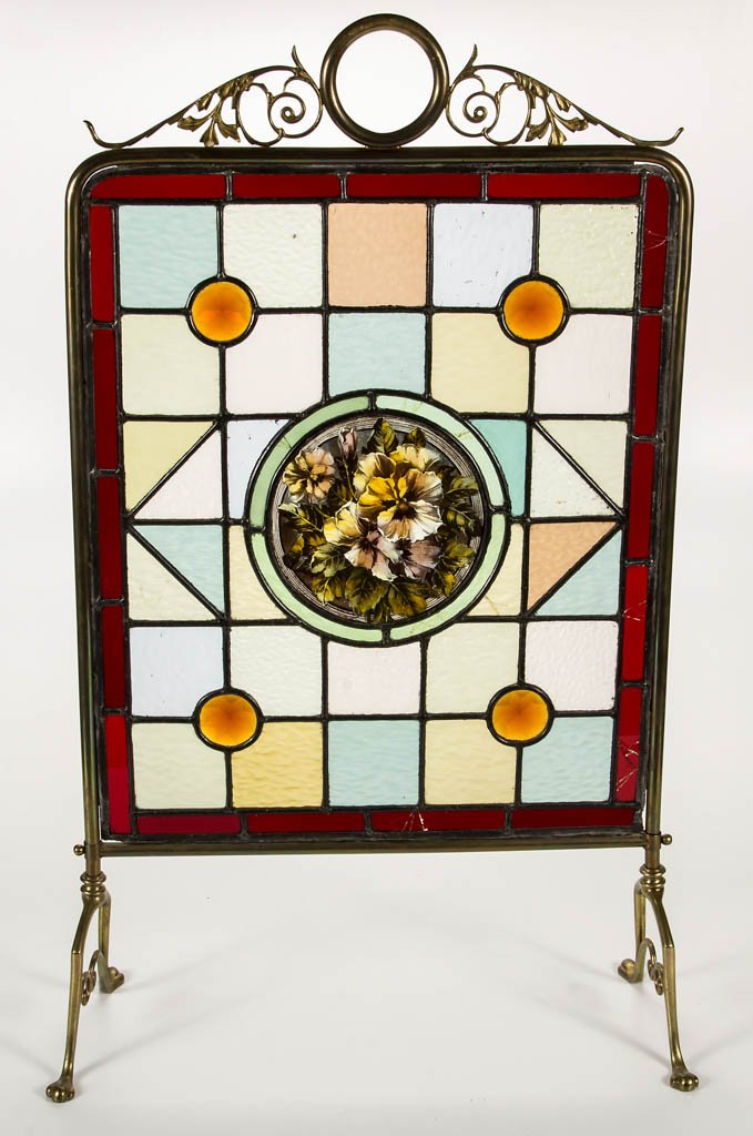 ARTS AND CRAFTS LEADED- AND STAINED-GLASS FIRE SCREEN (1 of 1)