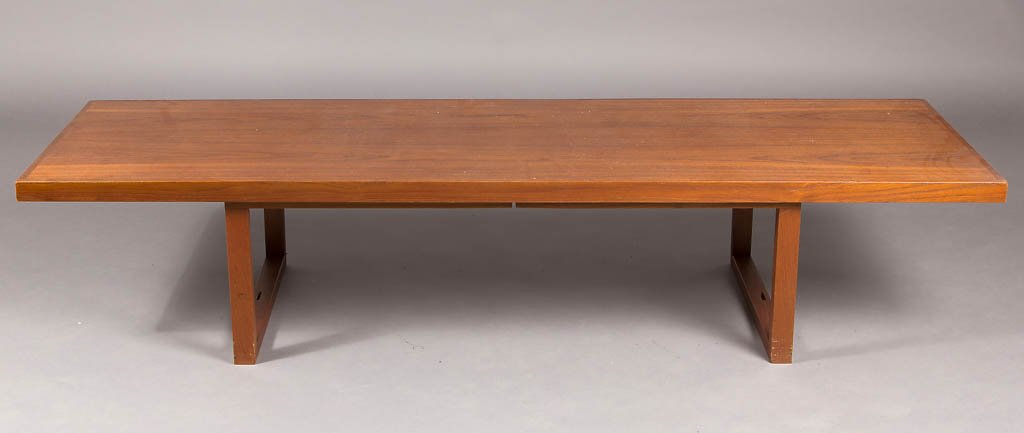 OLE GJERLOV-KNUDSEN (B.1930) AND ERIK KORSHAGEN: OLE GJERLOV-KNUDSEN (B.1930) AND ERIK KORSHAGEN (1926-2005) FOR ANTON DAM DANISH MODERN TEAK COFFEE TABLE, long rectangular form, No. 1 in original catalogue described as a "Two in One...Design", with