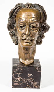 ARNO BREKER (GERMAN, 1900-1991) BRONZE BUST OF SALVADOR: ARNO BREKER (GERMAN, 1900-1991) BRONZE BUST OF SALVADOR DALI, numbered "91/999" and marked for "E. A. Venturi Arte", original patinated surface, resting on a marble plinth. Circa 1974. 11 1/2" HOA, 3