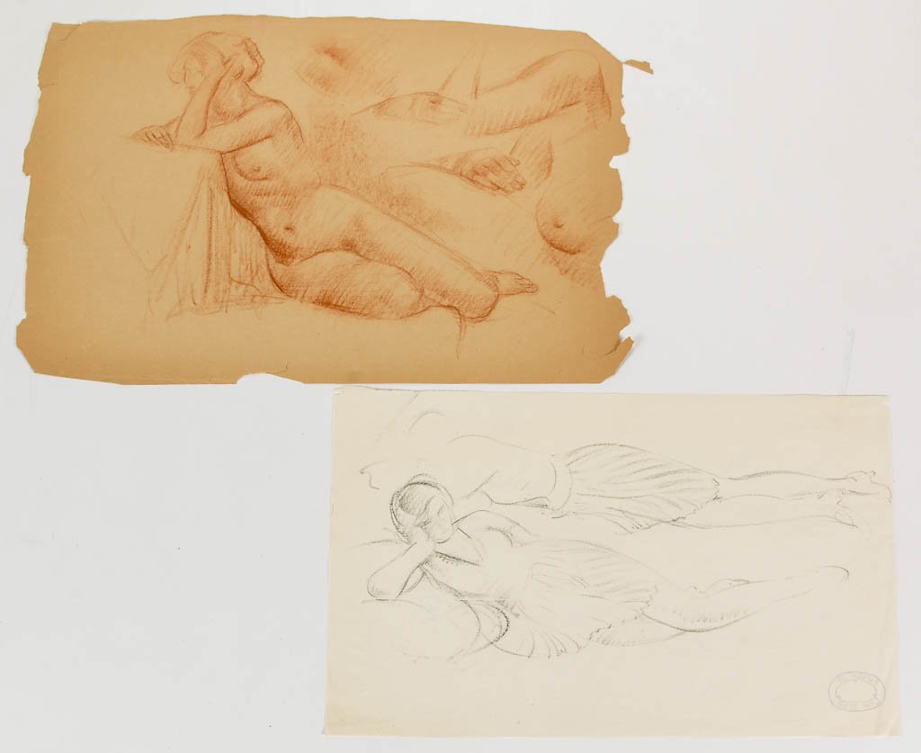 LEON KROLL (AMERICAN, 1884-1974) ATTRIBUTED SKETCHES /: LEON KROLL (AMERICAN, 1884-1974) ATTRIBUTED SKETCHES / DRAWINGS, LOT OF TWO, each a study of the reclining female form, one nude Each retains artist's estate stamp verso, unframed. 20th century. Large