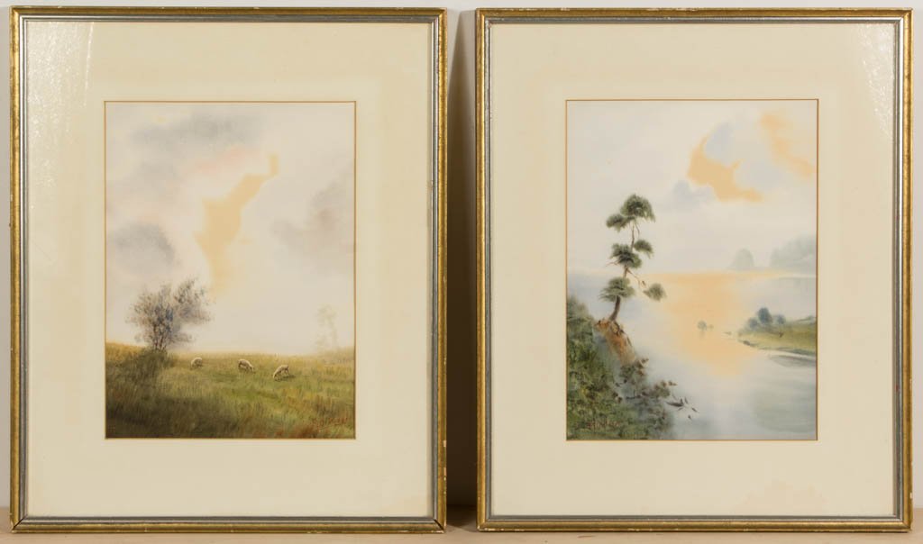 PAIR OF MARIANO ORTUZAR (CHILEAN, 20TH CENTURY): PAIR OF MARIANO ORTUZAR (CHILEAN, 20TH CENTURY) LANDSCAPE PAINTINGS, watercolor and gouache on paper, idyllic luminous scenes, one depicting a lake and shore, signed lower left, and the other depictin